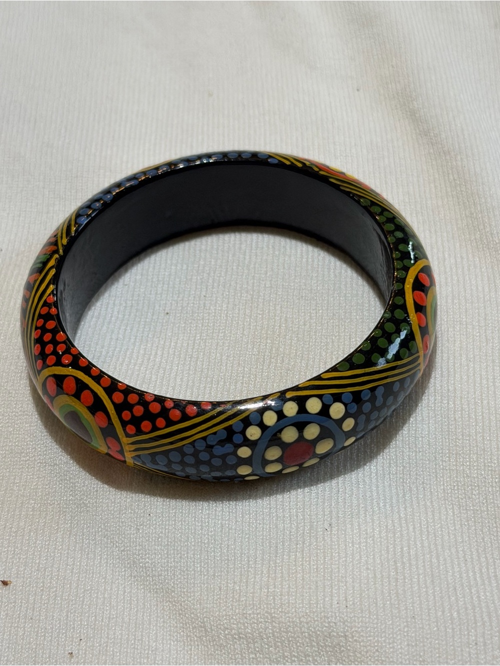 Hand-Painted Black Multicolor Dot Pattern Bangle Bracelet Made of wood